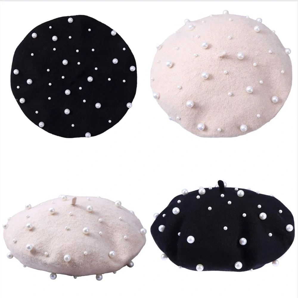 Cashmere Beret (Beaded) in Ivory or Black with White Simulated Pearls
